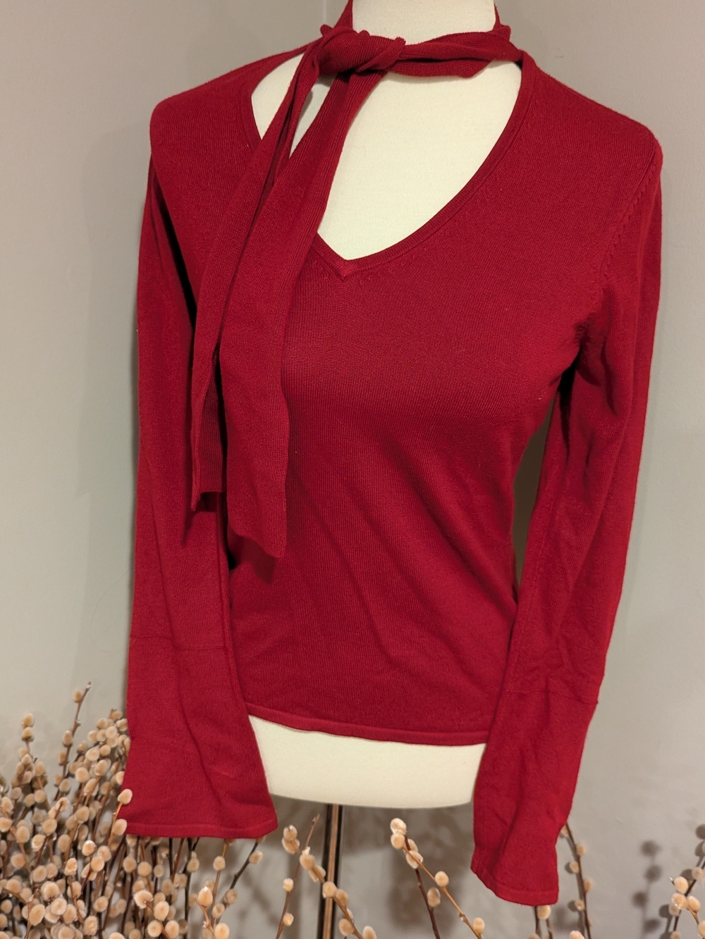 INC Brick red V-Neck Tie-Neck Long Sleeve Top